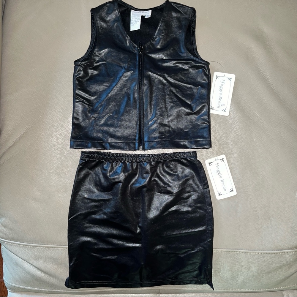 New 2pc MAGGIE BREEN VEST & SKIRT SET sz Girls 5 black faux leather Made in USA